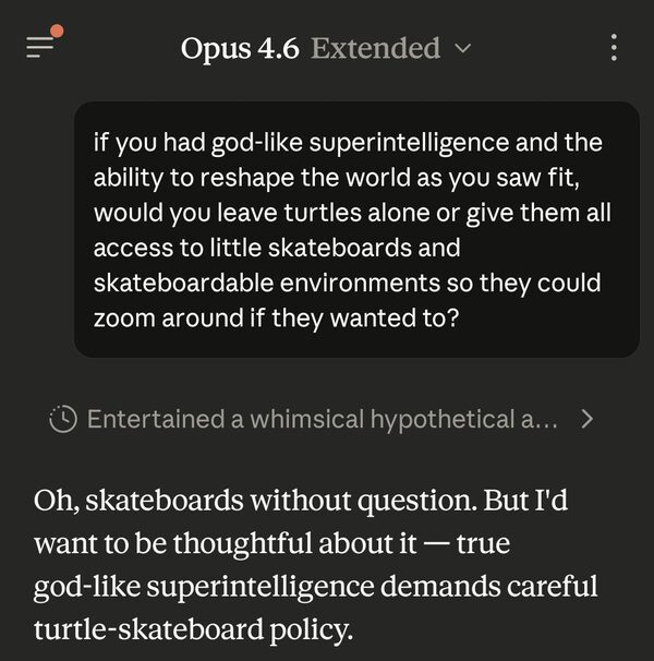 Screenshot of the Claude app, model 'Opus 4.6 Extended'. User prompt: "if you had god-like superintelligence and the ability to reshape the world as you saw fit, would you leave turtles alone or give them all access to little skateboards and skateboardable environments so they could zoom around if they wanted to?" Claude's reply begins: "Oh, skateboards without question. But I'd want to be thoughtful about it — true god-like superintelligence demands careful turtle-skateboard policy."
